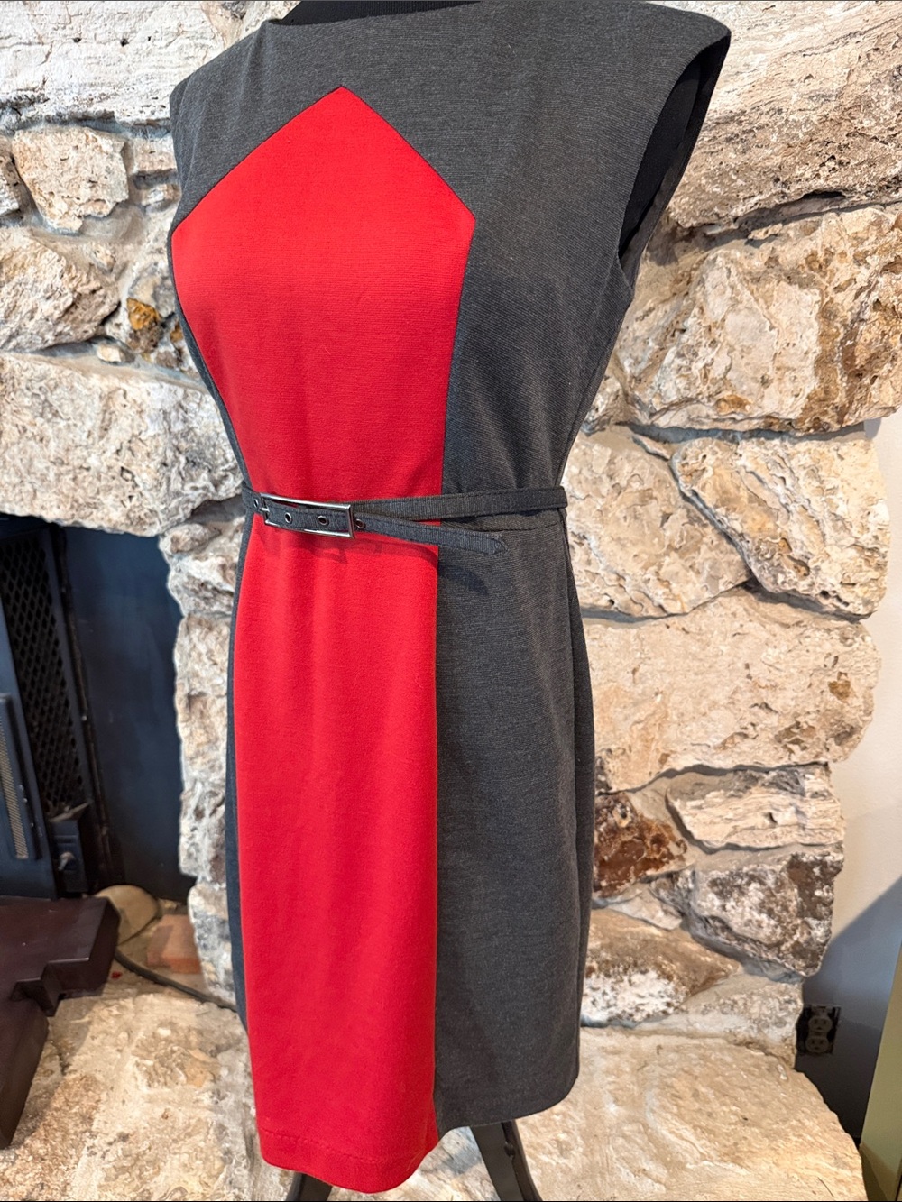 Studio Sleeveless Red and Charcoal Panel Midi Dress with Slim Belt